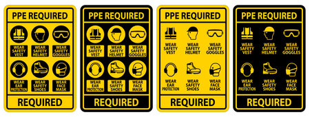 This image showcases safety signs that emphasize the importance of personal protective equipment (PPE) in various workplace settings.のイラスト素材
