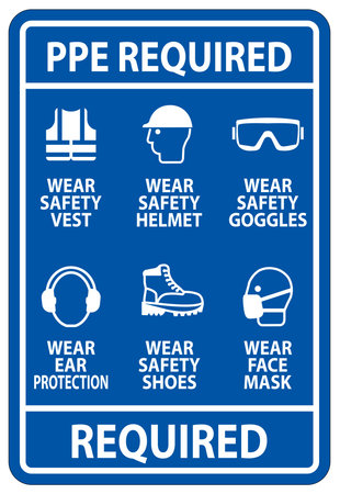 A clear and informative safety sign displaying the required personal protective equipment for workplace environments. It emphasizes the importance of wearing safety gear for maximum protection.のイラスト素材