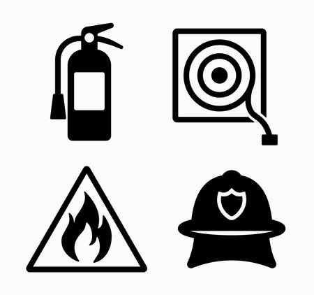 This vector image features essential fire safety elements, including a fire extinguisher, alarm, warning sign, and helmet, symbolizing emergency preparedness.のイラスト素材