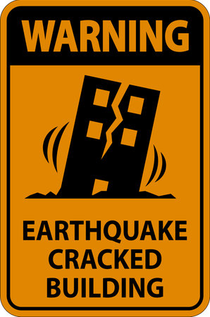 This image features a warning sign indicating the presence of an earthquake-damaged building. The bold graphics and clear message emphasize safety and awareness in affected areas.のイラスト素材