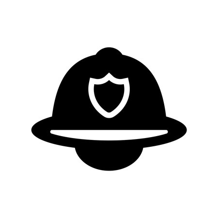This black and white icon features a police hat adorned with a shield, representing law enforcement. Ideal for legal themes, security concepts, and professional services.のイラスト素材