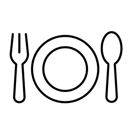 Minimalist Line Art of Fork, Spoon, and Empty Plate on White Backgroundのイラスト素材