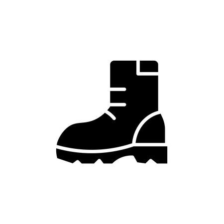 This black solid work boot icon represents durability and safety, suitable for construction, outdoor activities, and hiking adventures, emphasizing ruggedness.のイラスト素材