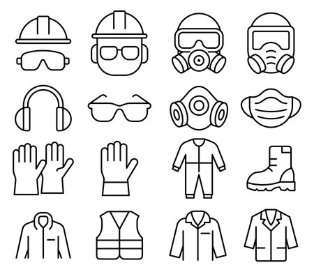 A collection of minimalist icons representing safety equipment and personal protective gear, including hard hats, safety goggles, gloves, and more for workplace safety.のイラスト素材