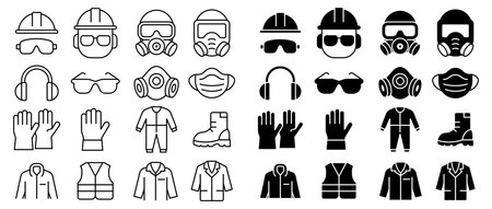 A comprehensive collection of safety equipment icons depicting essential gear for workers in engineering and construction fields. Ideal for safety awareness.のイラスト素材
