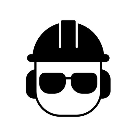 A black and white flat icon representing a construction worker wearing safety gear and sunglasses. Ideal for projects related to safety, construction, and labor.のイラスト素材