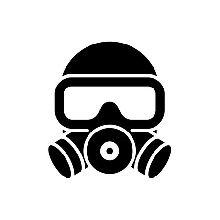 This image features a black and white icon of a gas mask, symbolizing protection and safety in hazardous environments. Ideal for use in industrial or safety contexts.のイラスト素材