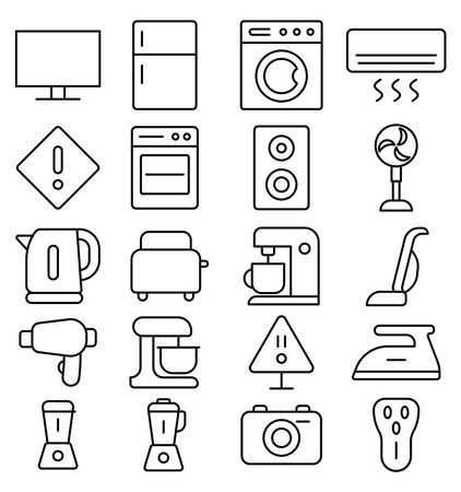 A collection of simple line art icons depicting various household appliances and electronics. Perfect for illustrating modern home life and interiors.のイラスト素材