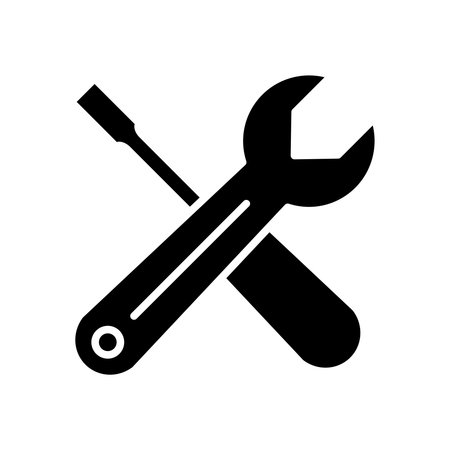 A black and white icon featuring a wrench and screwdriver, symbolizing repair and maintenance. Ideal for representing tools in industry and DIY projects.のイラスト素材