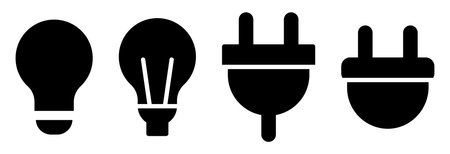 Collection of light bulb and electrical plug icons in silhouette style. Perfect for technology and energy-related designs, illustrations, and marketing materials.のイラスト素材
