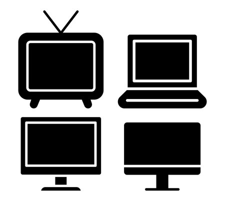 A collection of silhouettes showcasing different types of screens, featuring a vintage television, a laptop, and modern monitors, symbolizing the evolution of media technology.のイラスト素材