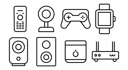 This collection features line art illustrations of various electronic gadgets, including remotes, speakers, controllers, and smart devices, ideal for digital projects.のイラスト素材