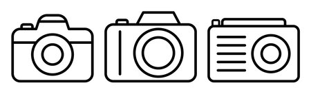 A minimalistic line art collection showcasing various camera designs, perfect for creative projects, branding needs, or digital media applications.のイラスト素材