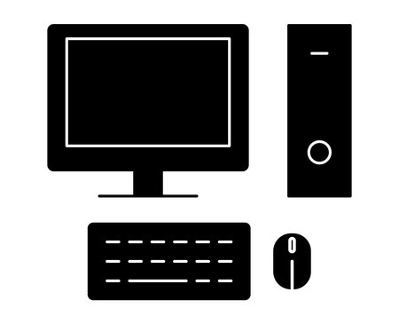 A minimalist black silhouette design featuring a computer monitor, keyboard, mouse, and tower. Perfect for technology-themed projects or background elements.のイラスト素材