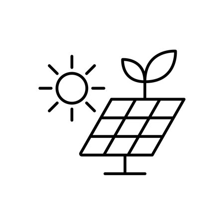 This illustration depicts a sunny environment with a solar panel and plant, symbolizing the connection between renewable energy and nature. Ideal for eco-friendly themes.のイラスト素材