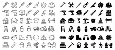 Set of construction tools and safety icons in black and white. Ideal for depicting various building activities, equipment, and worker safety protocols.のイラスト素材