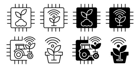 A collection of icons depicting the intersection of agriculture and technology, showcasing themes of growth, innovation, and sustainable farming practices.のイラスト素材