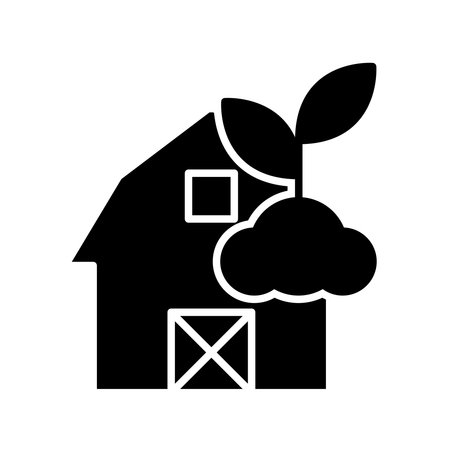 This is a creative silhouette of a house featuring a leaf and cloud, representing sustainability and eco-friendliness. Perfect for designs focused on nature and agriculture.のイラスト素材