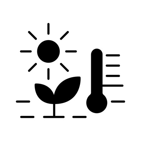 Icon depicting the sun, a growing plant, and a thermometer, symbolizing the relationship between sunlight and temperature in nature's growth cycle.のイラスト素材