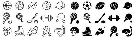 A collection of black and white icons representing various sports and physical activities. Ideal for sports-themed designs, marketing, or educational materials.のイラスト素材