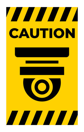 Bold caution sign featuring a security camera icon on a bright yellow background framed by black stripes. Ideal for safety awareness and surveillance communication.のイラスト素材
