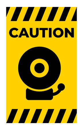 This caution sign features a bold bell icon on a striking yellow background with black stripes. It serves as a clear warning for safety awareness.のイラスト素材