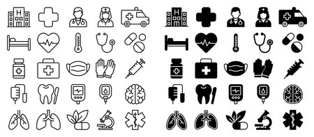 This collection features various medical icons, including healthcare symbols, tools, and equipment. Perfect for healthcare-related projects or educational materials.のイラスト素材