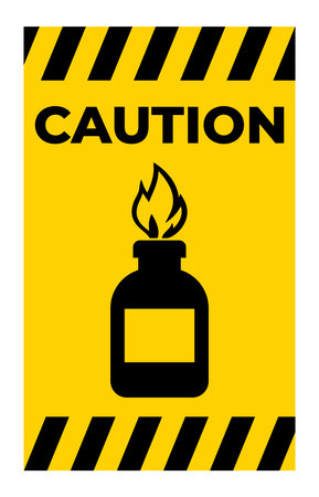 Bold caution sign warning of flammable liquids features a fiery icon on a bright yellow background. Ideal for safety instructions and awareness in various environments.のイラスト素材