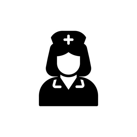 This black and white icon features a nurse wearing a cap with a medical cross, representing the healthcare profession and compassion in medical settings.のイラスト素材
