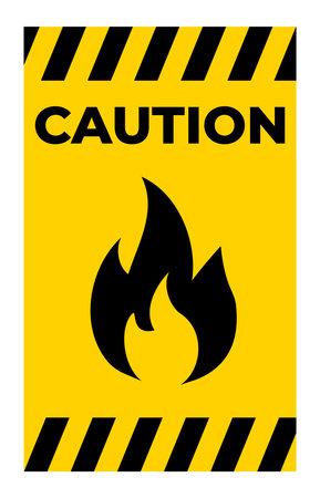 This image features a caution sign with a flame symbol on a bold yellow background, emphasizing safety and warning against fire hazards in various environments.のイラスト素材