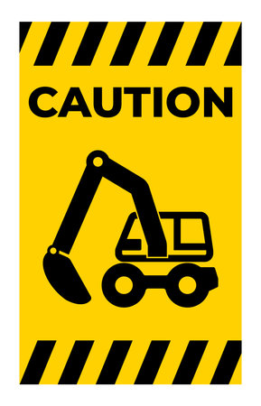 Bright yellow caution sign featuring an excavator illustration, perfect for construction sites or safety awareness campaigns. An essential symbol for hazard zones.のイラスト素材
