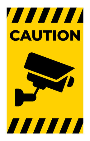 This vibrant yellow caution sign features a security camera illustration, ideal for conveying safety and surveillance awareness in various environments.のイラスト素材