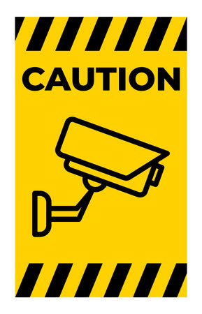 This image showcases a yellow and black caution sign featuring a stylized security camera. It serves as an effective visual warning for surveillance awareness.のイラスト素材