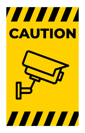 Bright yellow caution sign featuring a surveillance camera icon aimed at enhancing security awareness. Ideal for use in various safety-related contexts.のイラスト素材