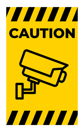 A vibrant caution sign displaying a security camera icon on a yellow background. Ideal for alerts about surveillance and safety measures in various environments.のイラスト素材