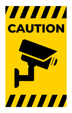 This image features a striking caution sign with a security camera icon on a vibrant yellow background, emphasizing the importance of surveillance and safety.のイラスト素材
