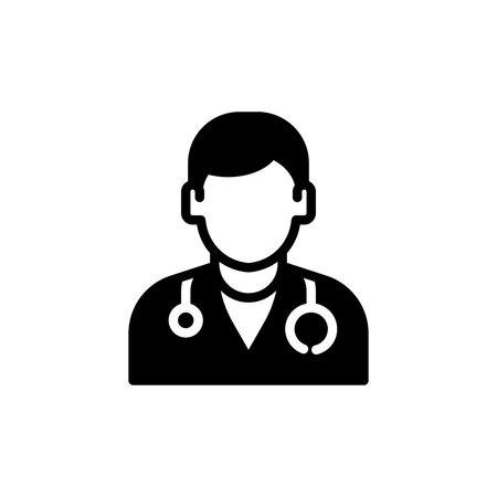 This simplistic black and white icon represents a medical doctor, portraying professionalism and care with a stethoscope. Ideal for healthcare themes.のイラスト素材