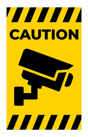 A bright yellow caution sign featuring a security camera icon, emphasizing surveillance and safety. Ideal for safety awareness in public areas.のイラスト素材