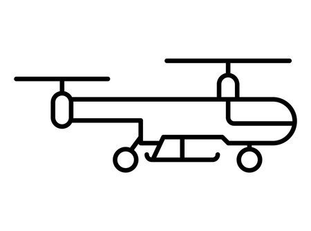 This minimalist line drawing features a helicopter in a simple black and white design. Ideal for illustrating concepts of aviation, transport, and modern technology.のイラスト素材