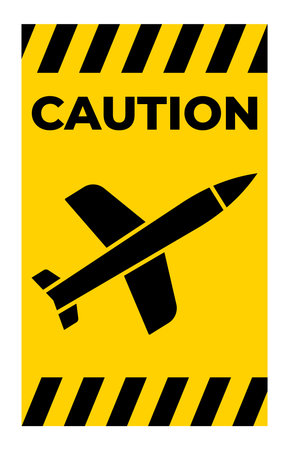 Bold caution sign featuring an airplane and missile icon on a vibrant yellow backdrop. Perfect for...