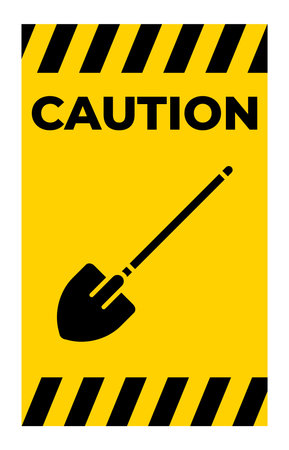 This caution sign features a shovel icon on a bright yellow background, designed to alert individuals to potential dangers in construction or maintenance areas.のイラスト素材