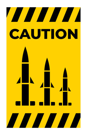 This striking caution sign features abstract rockets against a bright yellow background, conveying a sense of alertness and danger. Ideal for various projects.のイラスト素材