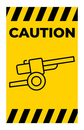 This caution sign features a simple cannon illustration on a yellow background, emphasizing safety awareness. Ideal for workplace or instructional use.のイラスト素材