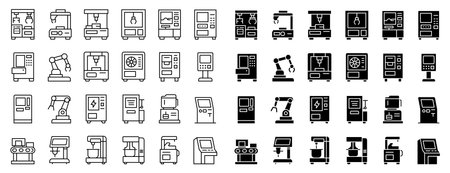 A comprehensive collection of technology icons depicting various machines and devices in black and white. Ideal for digital design and educational resources.のイラスト素材