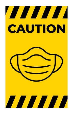 This vibrant caution sign features a black outline of a face mask on a yellow background, emphasizing health and safety. Perfect for public spaces.のイラスト素材