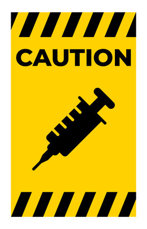 Attention-grabbing caution sign featuring a syringe icon on a bright yellow background, conveying health and safety messages effectively. Ideal for educational or informational purposes.のイラスト素材