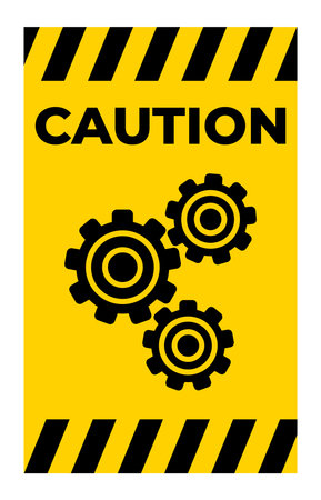 This caution sign features gears on a bright yellow background, emphasizing mechanical work safety....