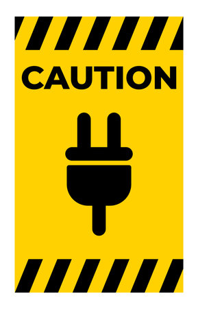 Bright caution sign featuring a power plug icon, designed to raise awareness about electrical safety in various settings, emphasizing the importance of precautions.のイラスト素材