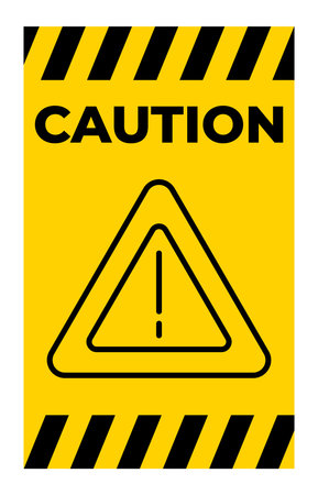 Bright yellow caution sign with black stripes and triangle icon emphasizes safety awareness. Ideal for construction sites or public areas to alert individuals.のイラスト素材