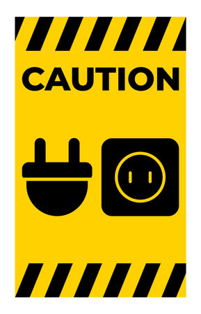 This caution sign features a plug and socket illustration on a bright yellow background, emphasizing electrical safety and awareness in various environments.のイラスト素材